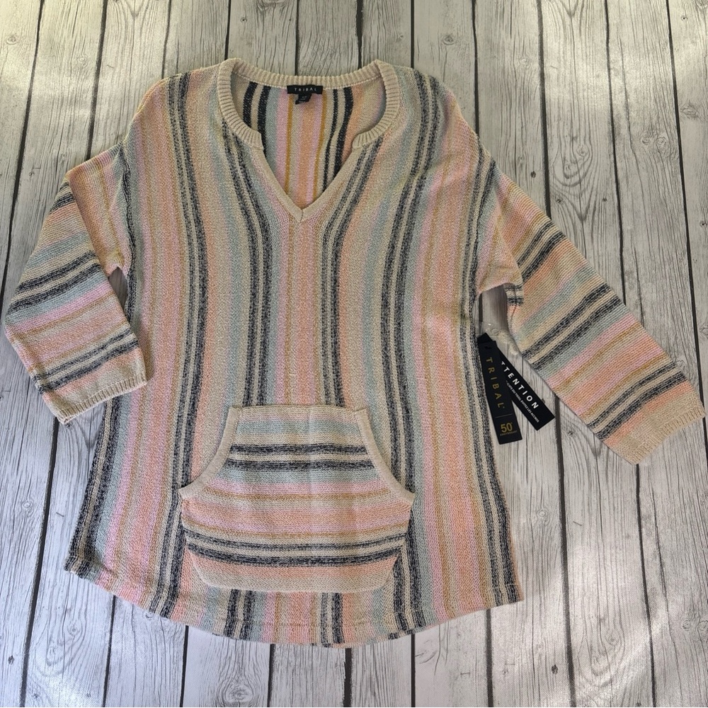 Tribal Split Neck Striped Pullover Sweater Women’s M/M Kangaroo Pocket Apricot.